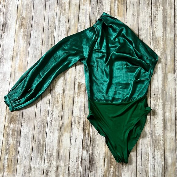 Boutique Women's One Shoulder Long Sleeve Satin Bodysuit Green S - Picture 2 of 2